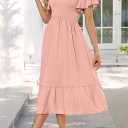 MEROKEETY Women's Summer Casual V Neck Ruffle Sleeve Smocked High Waist Midi Dress with Pockets (Pink, S)