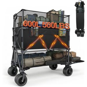 Double Decker Wagon with Retractable Mesh & Tailgate - 560Lbs Load Heavy Duty Foldable Collapsible Wagon Cart with Wheels for Camping, Beach, Groceries, Sports (Black)