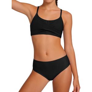 Century Star Girls Swimsuits for Teens Bikini 2025 Solid Teen Bathing Suits Adjustable Straps Swimwear Padded Black 12-13 Years