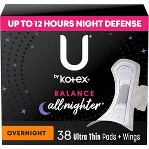 U by Kotex Balance Ultra Thin Pads with Wings, Overnight Absorbency, 38 Count