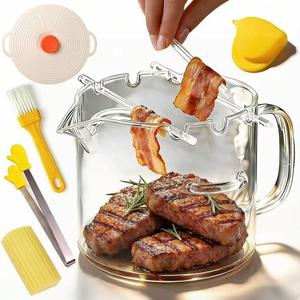 Glass Microwave Bacon Cooker, Multifunctional Glass Bacon Cooker with Silicone Splatter Lid, Heat Resistant, Non-Stick Oil, Upgrade Glasses Cooking Pot for Home Cooking, Picnics, and Barbecues