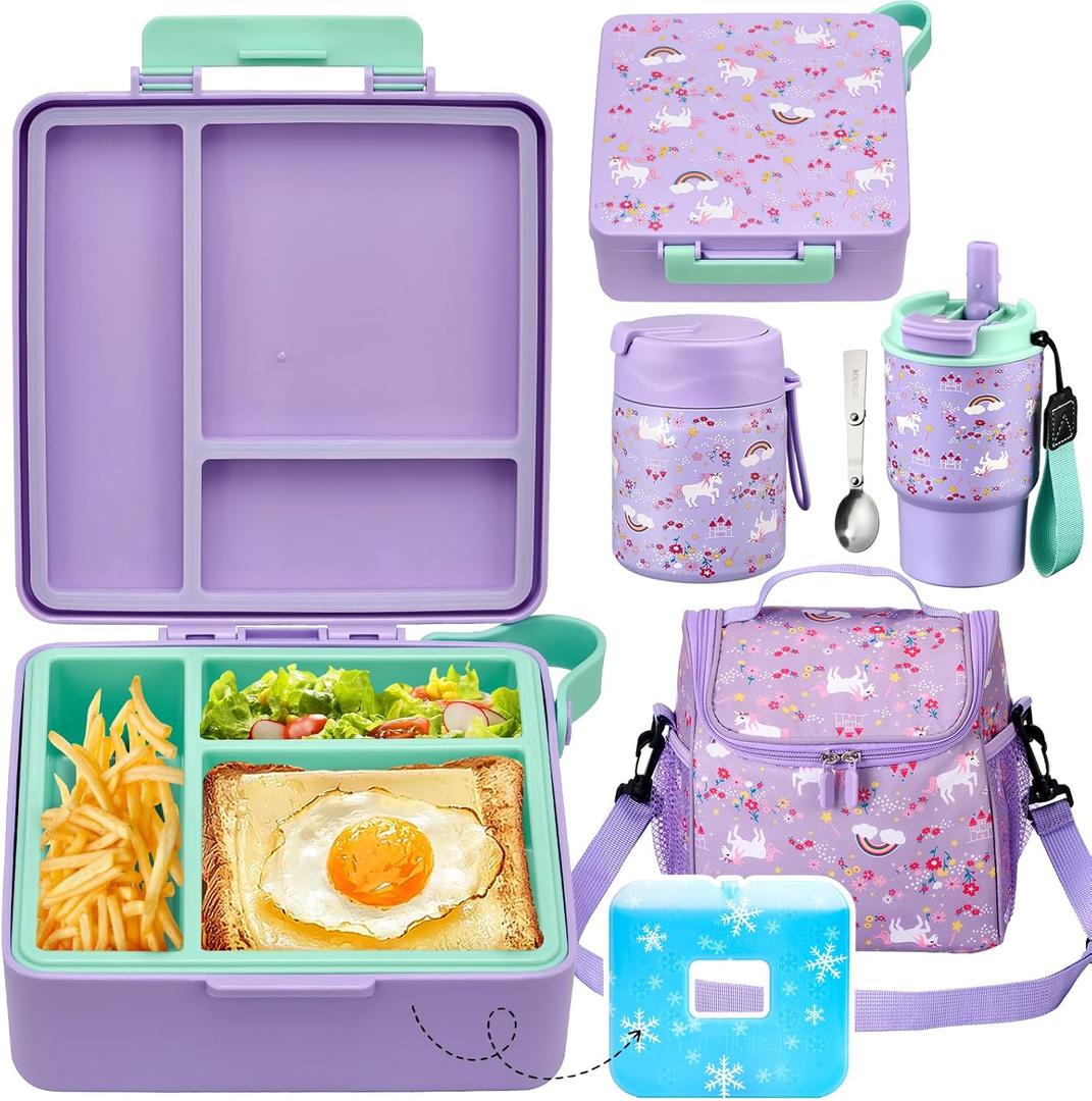 Lunch Box Set with Bento Box Container, 17OZ Stainless Steel Food Soup Thermo, Kids Water Bottle & Portable Insulated Lunch Bag, Leakproof, Hot/Cold Retention for School, Travel (Purple-Horse)