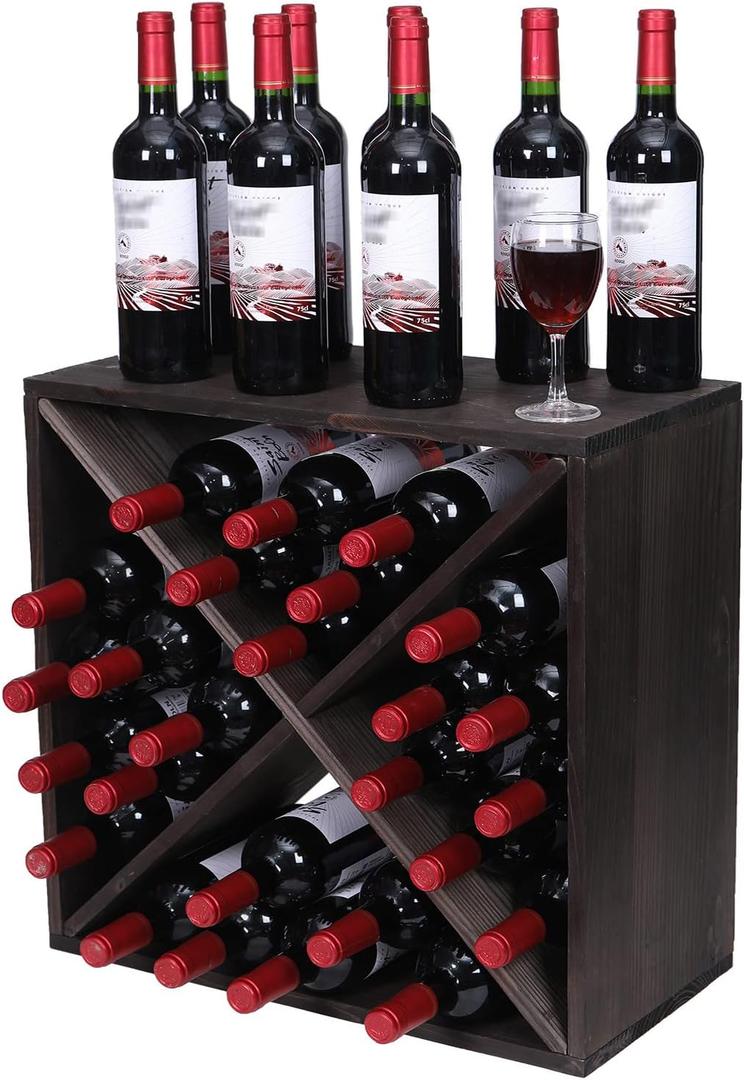 Rack Cabinet Countertop Wooden Stackable Storage Retro Cube – Freestanding Floor Holder Stand, 24 Bottles (Black)