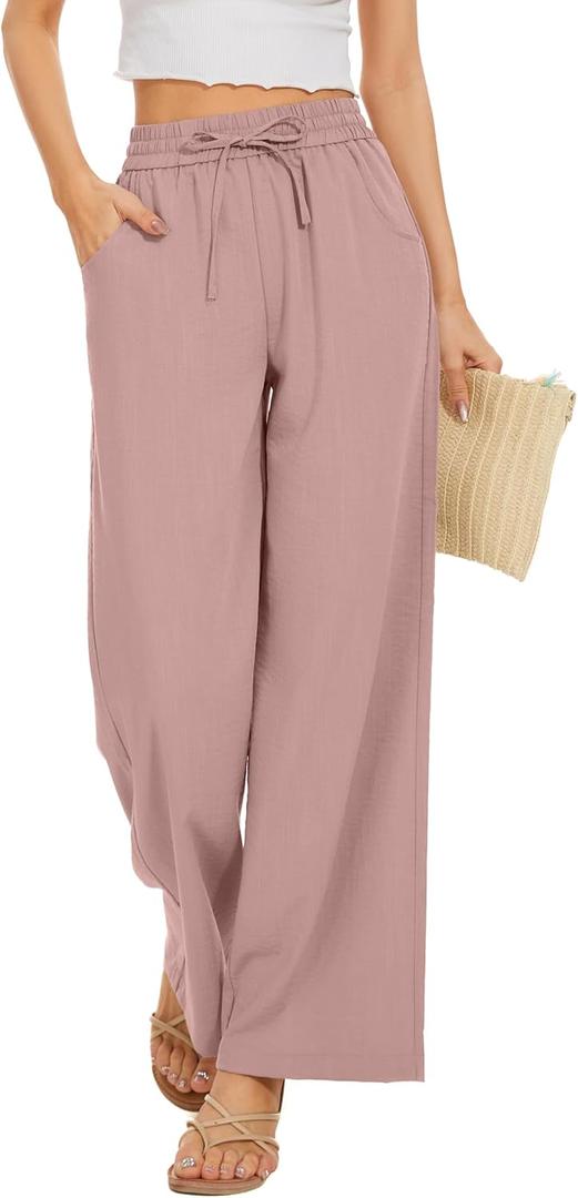Women Flowy Pants Drawstring Waist Wide Leg Palazzo Beach Pants Loose Fit with Pockets (X-Small Short, Pink)