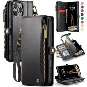 Defencase Compatible with iPhone 16 Pro Case Wallet with RFID Blocking Card Holder for Women Men, Soft PU Leather Magnetic Snap Flip Zipper Strap Wallet Phone Case Fit for iPhone 16 Pro 6.3", Black