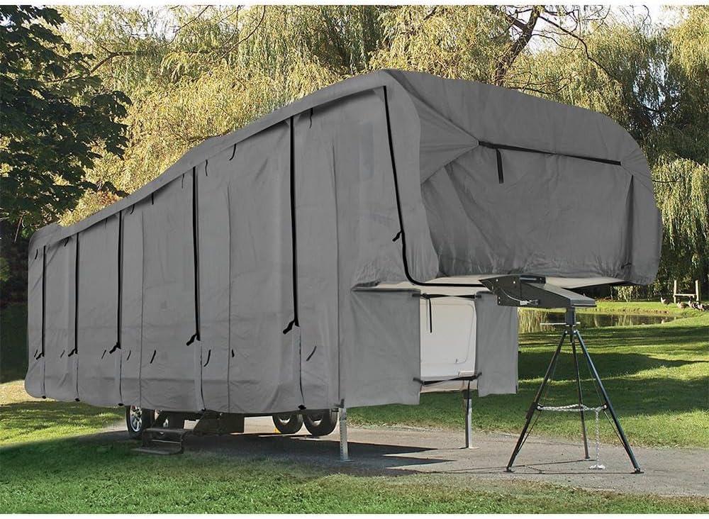Camco ULTRAGuard 28-30-Ft 5th Wheel Trailer RV Cover - Features Zipper Entry Doors & Covered Air Vents - Crafted of Spunbond Polypropylene - Storage Bag for RV Storage and Organization (45753)