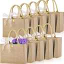 10pcs Burlap Tote Bag Set with Handles, Reusable Grocery Bags with Ribbon 13 x 9.5 x 4.7 Inch Waterproof Natural Jute Tote for Women Bridesmaid Gift Beach Shopping Wedding Travel DIY Embroidery