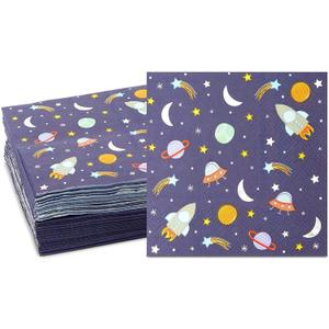 BLUE PANDA 50 Pack Rocket Ship Napkins for Outer Space Decor and Space Themed Birthday Party Decorations (5 x 5 In Blue Napkins)