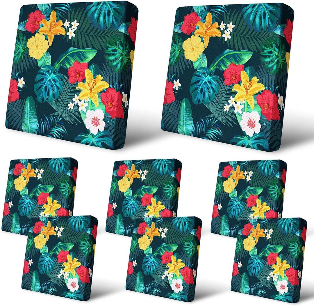 PickyNproud 8Pcs Patio Cushion Covers Stretch Outdoor Couch Cushions Slipcovers Replacement Washable Furniture Protector with Elastic Bottom Sofa Chair Seat Cover, Floral Leaves