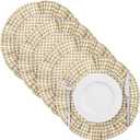 4 Pcs 15 Inch Linen Scalloped Round Placemats, Thin Plaid Place Mats with Ruffle, Washable Placemats Table Mats for Kitchen Dining Holiday Gatherings Decor(Light Brown, Gingham)