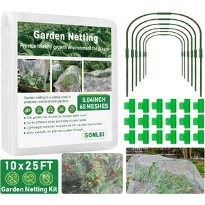 GonLei 10x25FT Garden Mesh Netting Kit Raised Beds (6 Pcs Garden Hoops & 18 Clips) Garden Hoops Plant Row Covers Netting Protection Berry Bush Trees Grass Seed Barrier Net
