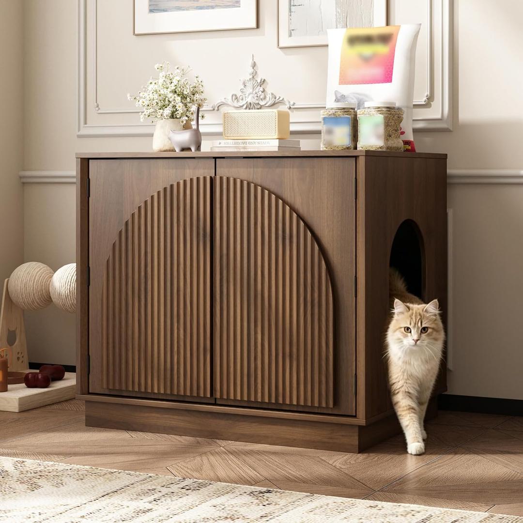 Cat Litter Box Enclosure, Modern Fluted Hidden Litter Box Furniture
24.4" Tall Fits Most Litter Trays, Arched Fluted Door, Beveled Sides, 2.4" Reinforced Base, Rear Ventilation, Easy Assembly