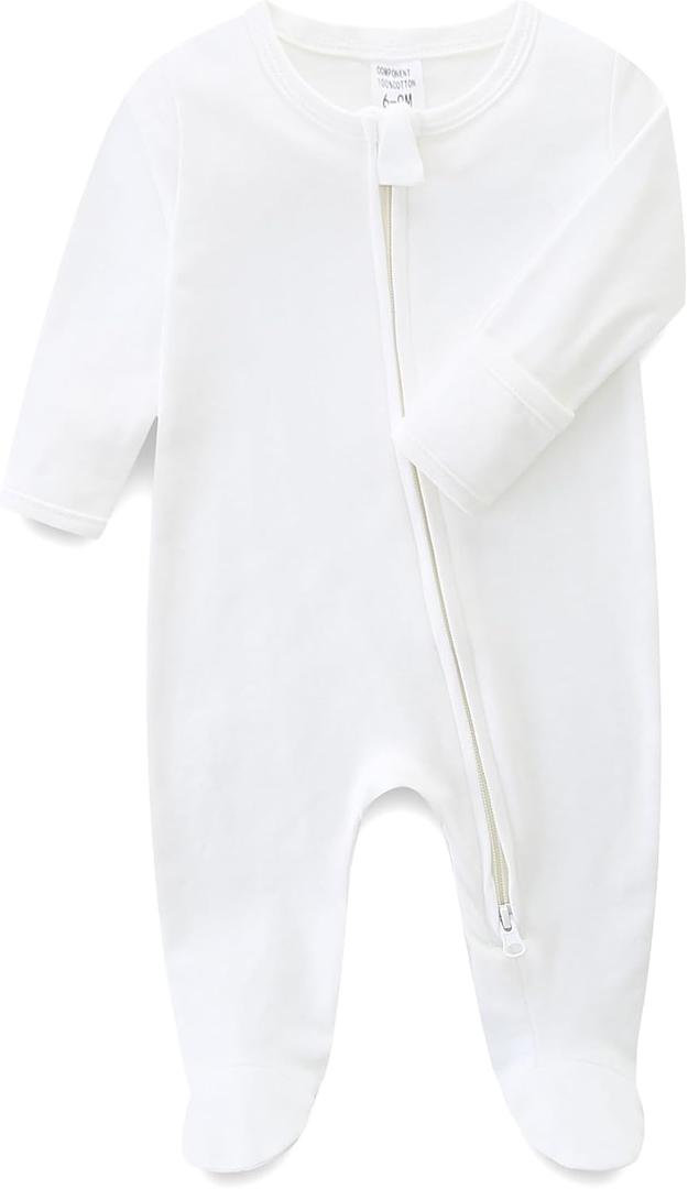 Baby Romper 100% Cotton Pajamas One Piece Long Sleeve Zipper Footie Onesie for 0~12M Baby (0-3 Months, White)