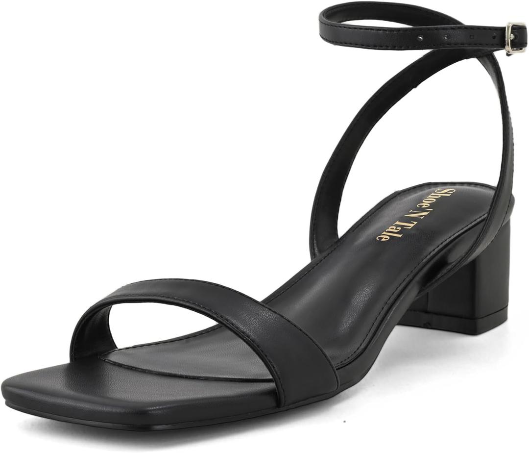 Shoe'N Tale Block Low Heels for Women Chunky Heeled Sandals Ankle Strap Adjustable Buckle Square Toe Comfortable Dressy Shoes (8.5, Black)