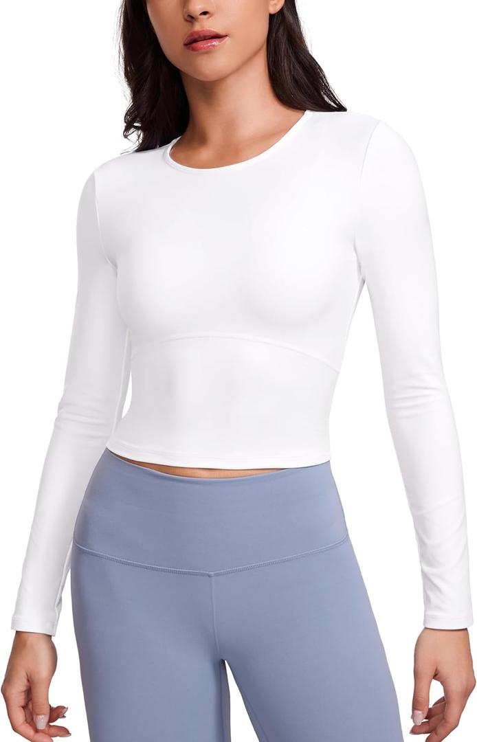 CRZ YOGA Butterluxe Scoop Neck Long Sleeve Shirts for Women - Workout Athletic Casual Tops Crop Slim Basic Tight Shirt (White) X-Small