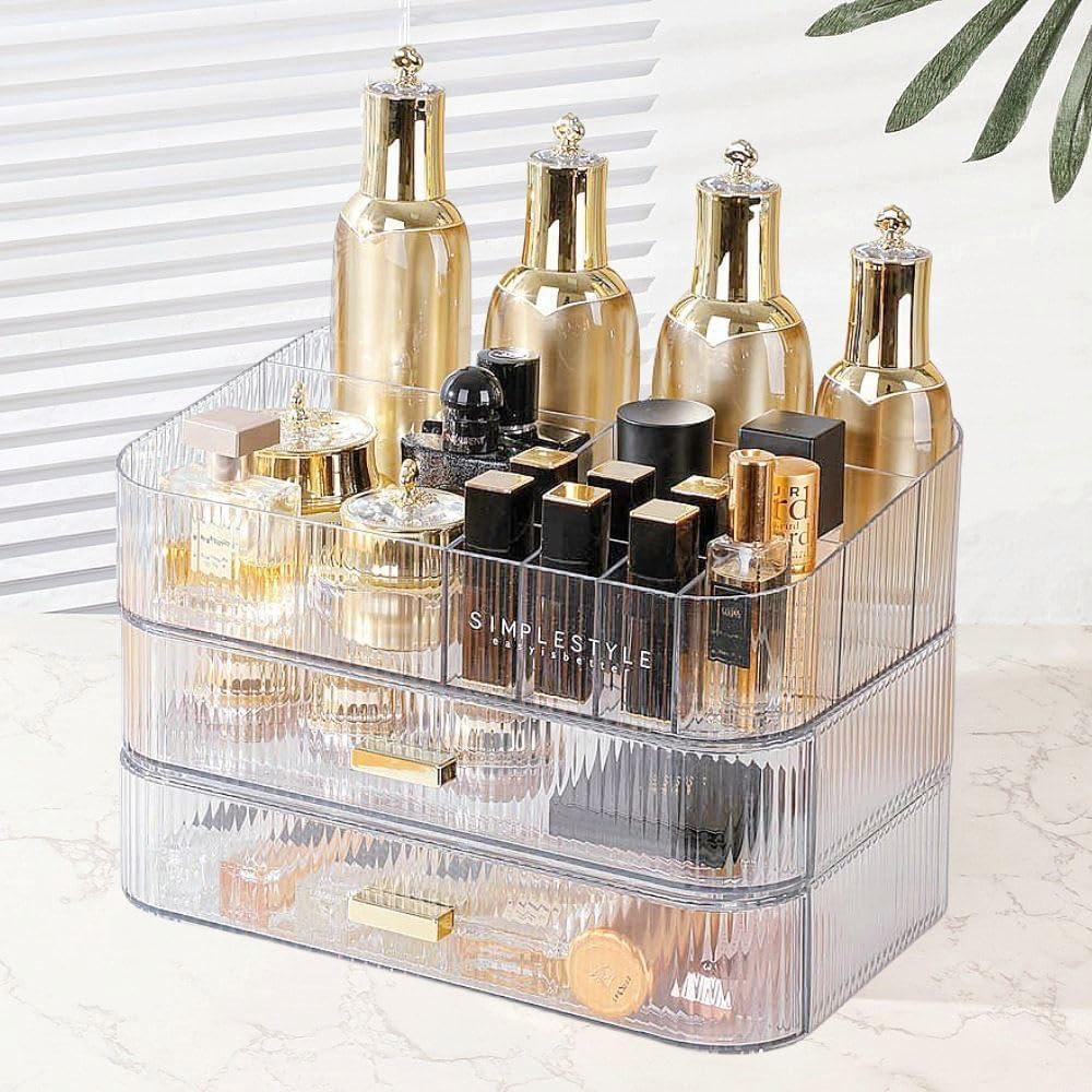 PLINJOY Makeup Organizer with Drawers Stackable Skincare Cosmetic Makeup organization for vanit Bathroom Desk Countertop (Clear 1 tray+2 drawer)