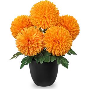 Briful Orange Artificial Mums  Realistic Silk Fall Chrysanthemums in Black Pot, Faux Potted Flowers for Home, Table Centerpiece, Porch, Indoor & Outdoor Autumn Dcor