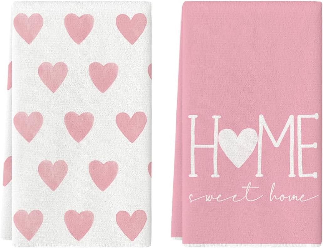 Artoid Mode Pink Heart Love Home Sweet Home Mother's Day Kitchen Towels Dish Towels, 18x26 Inch Anniversary Wedding Decoration Hand Towels Set of 2