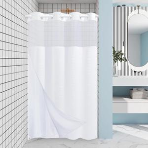 White Stall No Hook Shower Curtain with Snap in Liner,230GSM Waffle Weave Shower Curtains for Bathroom,54W x 80H