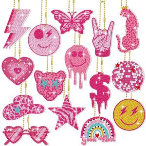 Siifert 15 Pcs Preppy Diamond Art Keychain 2026 VBS Pink Diamond Painting Kit Smile Face Pink Leopard Preppy Party Favors for Adult Women Beginner DIY Crafts Gifts Supplies