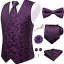 Hi-Tie Men's Silk Vest Bowtie Set Formal Suit Vest Jacquard Tie Handkerchief Cufflinks 5PCS Dress Waistcoats Wedding Large