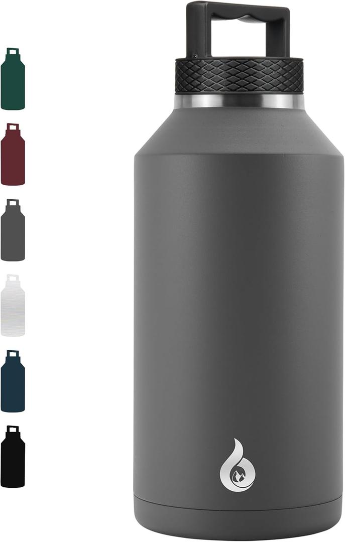 BJPKPK Half Gallon Water Bottle Insulated, Dishwasher Safe 64 oz Water Bottle with Handle, Leakproof BPA Free Water Jug, Large Stainless Steel Thermos for Sports, Grey (Gray)