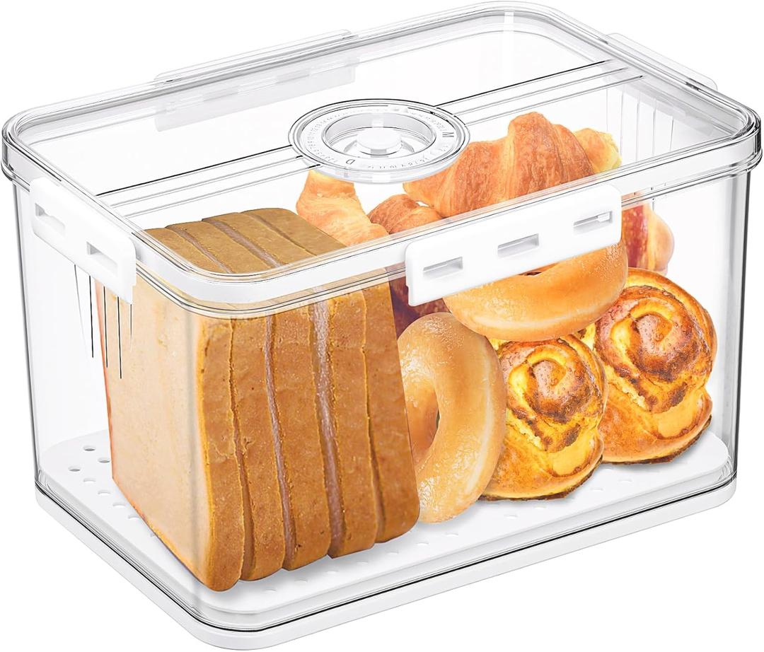 Bread Box Bread Boxes for Kitchen Counter Airtight, Time Recording Bread Storage Container with Lid, Bread Keeper for Homemade Bread, Toast, Bagel, Donut and Cookies, LARGE White