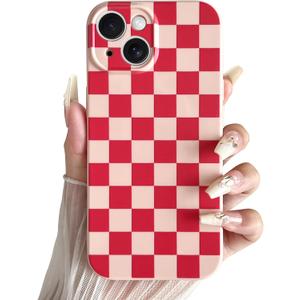 Compatible with iPhone 15 Case Cute Checkerboard Checkered Pattern Design Soft Slim TPU Phone Case Shockproof Full Camera Protection for Women Girls - Pink&Red