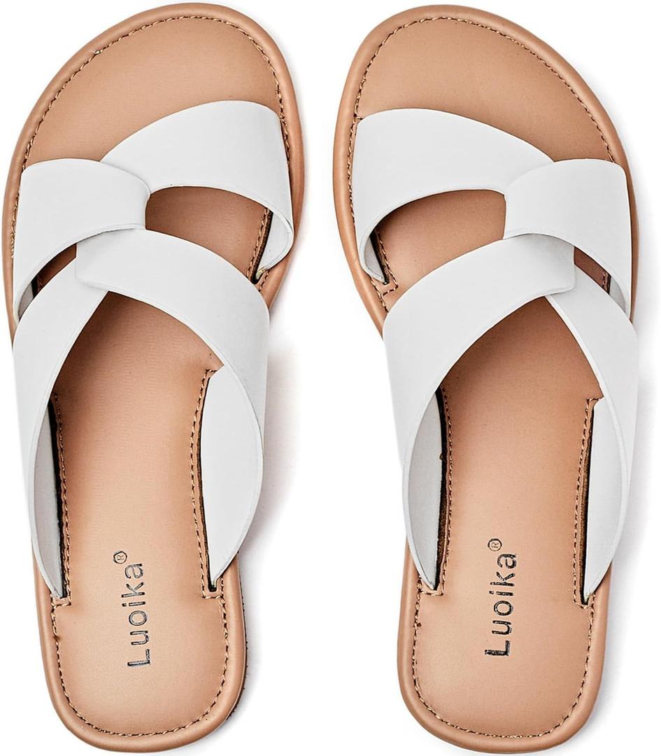 Luoika Women's Wide Width Flat Slides Sandals, Strapy Slide Sandal Slip on Dressy Summer Shoes for Women. (7.5 X-Wide, White 901)
