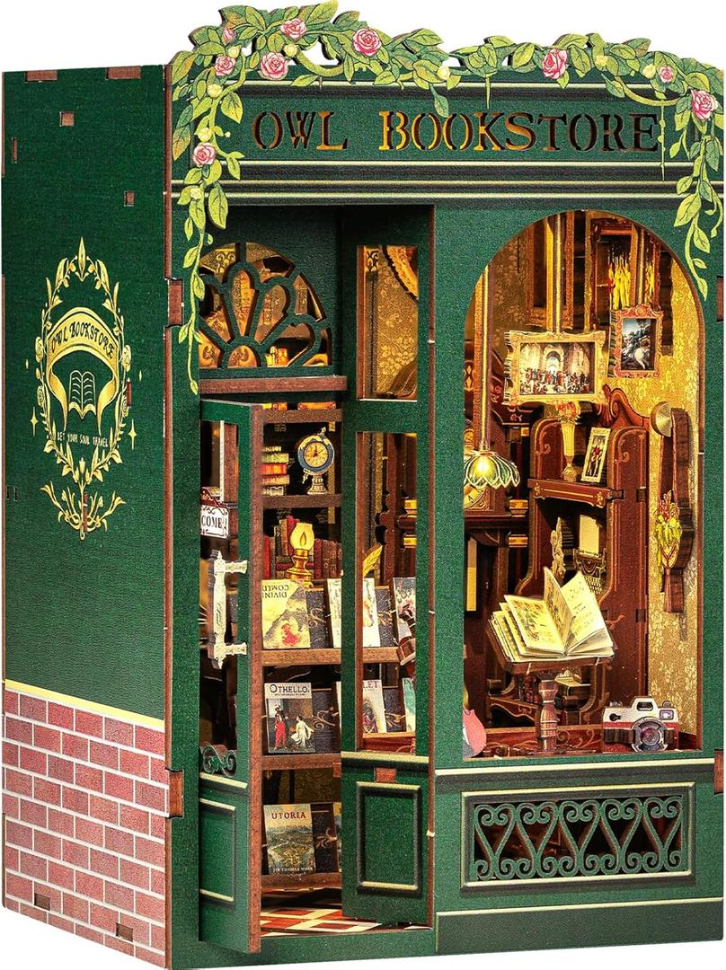 Fsolis Book Nook Kit, DIY Scene Miniature House Kit Tiny House Mini Booknook Craft Bookshelf Decor, 3D Puzzles for Adults, 139 Wooden Pieces, Scale Library Model, Gifts for Book LoversOWL Bookstore