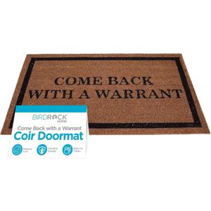 BIRDROCK HOME Come Back with a Warrant Coir Doormat | 18 x 30 Inch | Standard Welcome Mat with Black Border and Natural Fade | Vinyl Backed | Outdoor