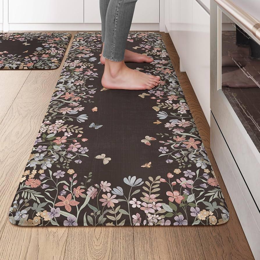 KIMODE Kitchen Anti Fatigue Mats, Farmhouse Kitchen Rugs Sets of 2, Memory Foam Kitchen Mats for Floor, Waterproof Non Skid Standing Mat for Sink Laundry Office Desk Black 20"x47"+20"x32"