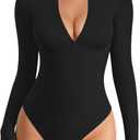 MANGOPOP Long Sleeve Body Suit Mock Turtle Neck Zip Up Bodysuit for Women Ribbed Deep V Sexy Bodysuit Shirts, Large