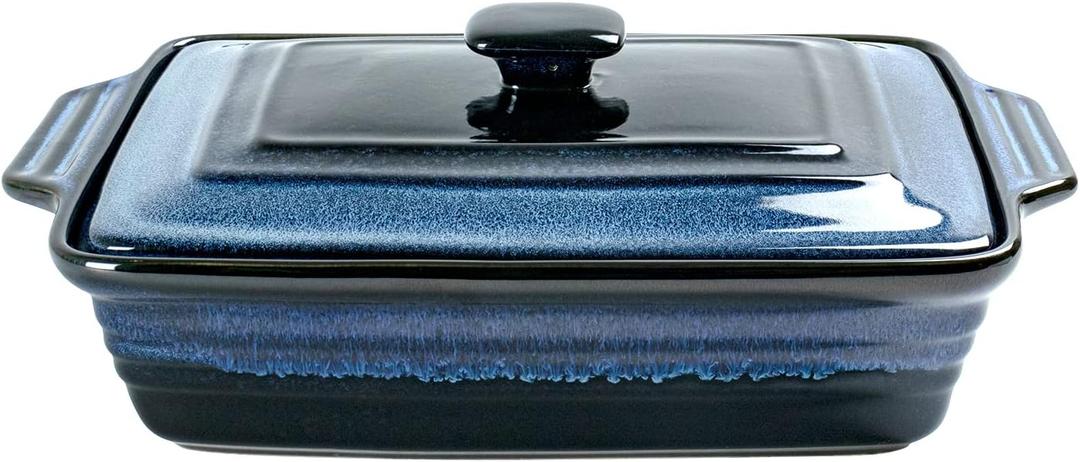 UNICASA Casserole Baking Dish with Lid - Ceramic Blue Lasagna Pan 3.2 Quart, Large Covered Bakeware Set 9x13 for Cooking, Stoneware Bakers Microwave Oven Safe - Reactive Glaze Blue