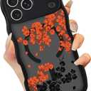 Magnetic Case for iPhone 17 Pro Max [Compatible with Magsafe], Translucent Cute Floral Curly Wave Edge Full Camera Protection Shockproof Cover for Women Girls,Orange/Floral