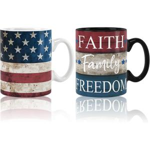 Whaline 2Pcs Patriotic Mugs 4th of July Ceramic Cups Vintage American Flag Stars Stripes Print Drinking Mugs Coffee Cups for Independence Day Home School Office Table Centerpieces Housewarming Gift
