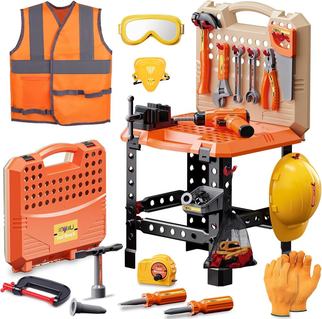 Kids Tool Bench Set,MAGIC4U 95PCS Toddler Tool Workbench with Electronic Drill 13 Tool Equipements,Safety Vest & Hat,Pretend Play Kids Construction Toys Gift for Boys Girls Age 3,4,5,6,7,8 (Orange)
