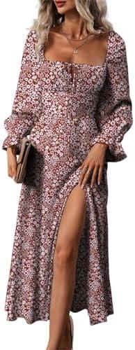 BLENCOT Womens Casual Square Neck Long Sleeve Boho Floral Midi Dress Print Side Split Dresses, M 