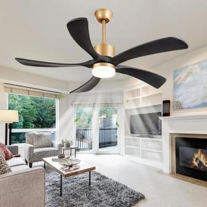52" Black and Gold Ceiling Fan with Lights and Remote, USA Original Patent Modern Ceiling Fans, ETL Listed, 5 Wood Blades, 3 Downrods, 6 Speeds Reversible DC Motor, Gold Black Fans for Patio Bedroom
