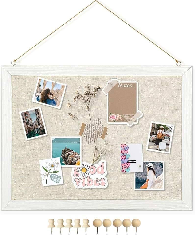 DOLLAR BOSS Bulletin Boards with Linen 1-Pack' Double-Sided Cork Board for Walls Wood Framed Bulletin Boards, Small Pin Board for Home Kitchen Office Decorative Hanging