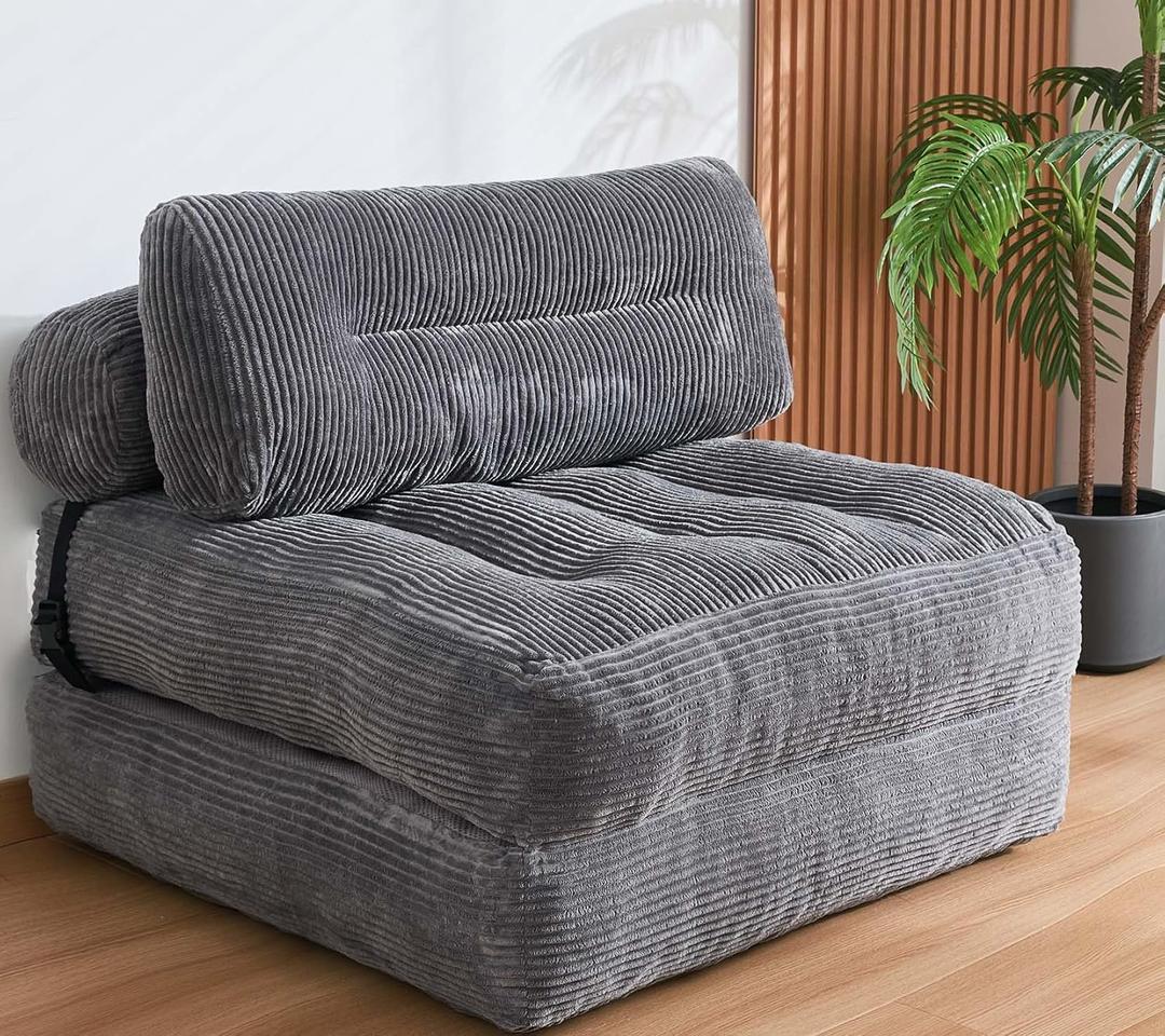 Folding Sofa Bed, Convertible Sleeper Chair Couch Bed Faux Rabbit Fur for Adults, with Back Support Floor Couch Comfy Floor Sofa for Living Room Bedroom, Dark Grey, Single