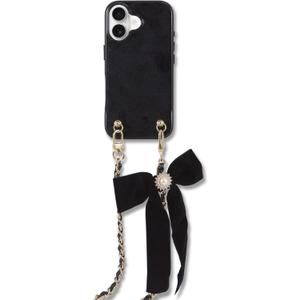 Crossbody Case for iPhone 16 with Gold and Vegan Leather Woven Detachable Chain - Black