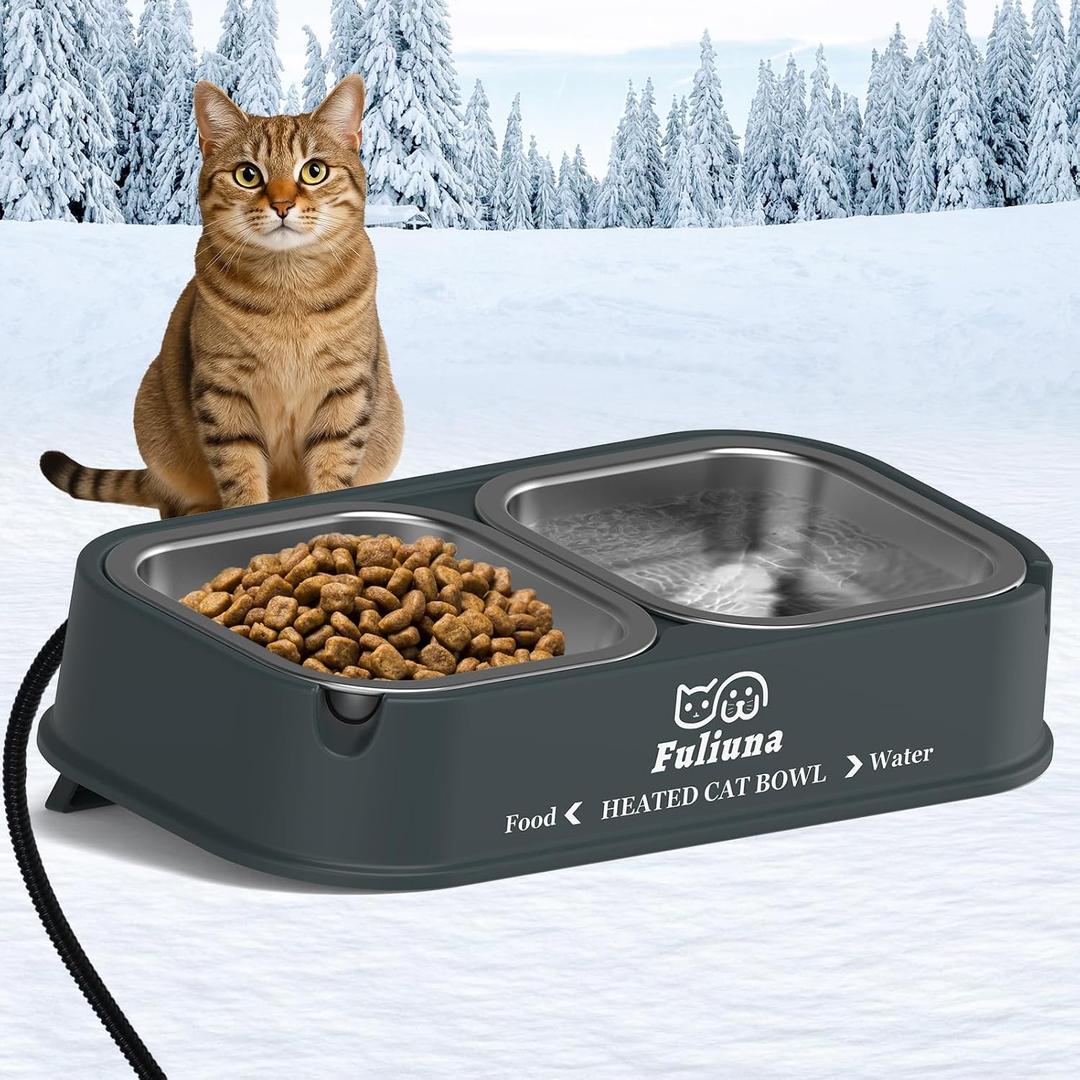 Heated Cat Bowl for Outdoor Cats in Winter, 56 OZ Heated Water Food Bowl with Raised Brackets to Protect Pet's Neck, Outdoor Heated Pet Bowl with 2 Stainless Steel Bowl, No Frozen Water or Food (Gray)