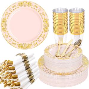 GATHER 350PCS Pink and Gold Plastic Plates - Gold Disposable Dinnerware Set Include 50 Dinner Plates, 50 Dessert Plates, 150 Plastic Silverware, 50 Napkins, 50 Cups for Wedding & Mother's Day