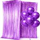 3 x Fringe Backdrop - Purple Foil Fringe Curtains – 2 Pack with 5 Matching Balloons | Party Backdrop & Decorations for Birthday, Mardi Gras, Graduation & Royal Theme (3.3 × 6.6 ft)