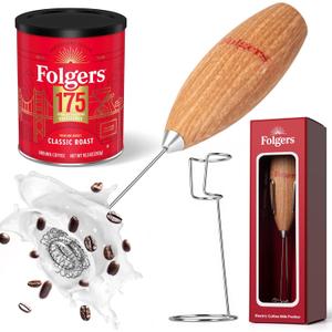 Folgers Electric Coffee Milk Frother  Handheld Battery-Operated Drink Mixer with Stainless Steel Whisk & Stand, Wood-Grain Finish, Perfect for Lattes, Cappuccinos & Hot Chocolate