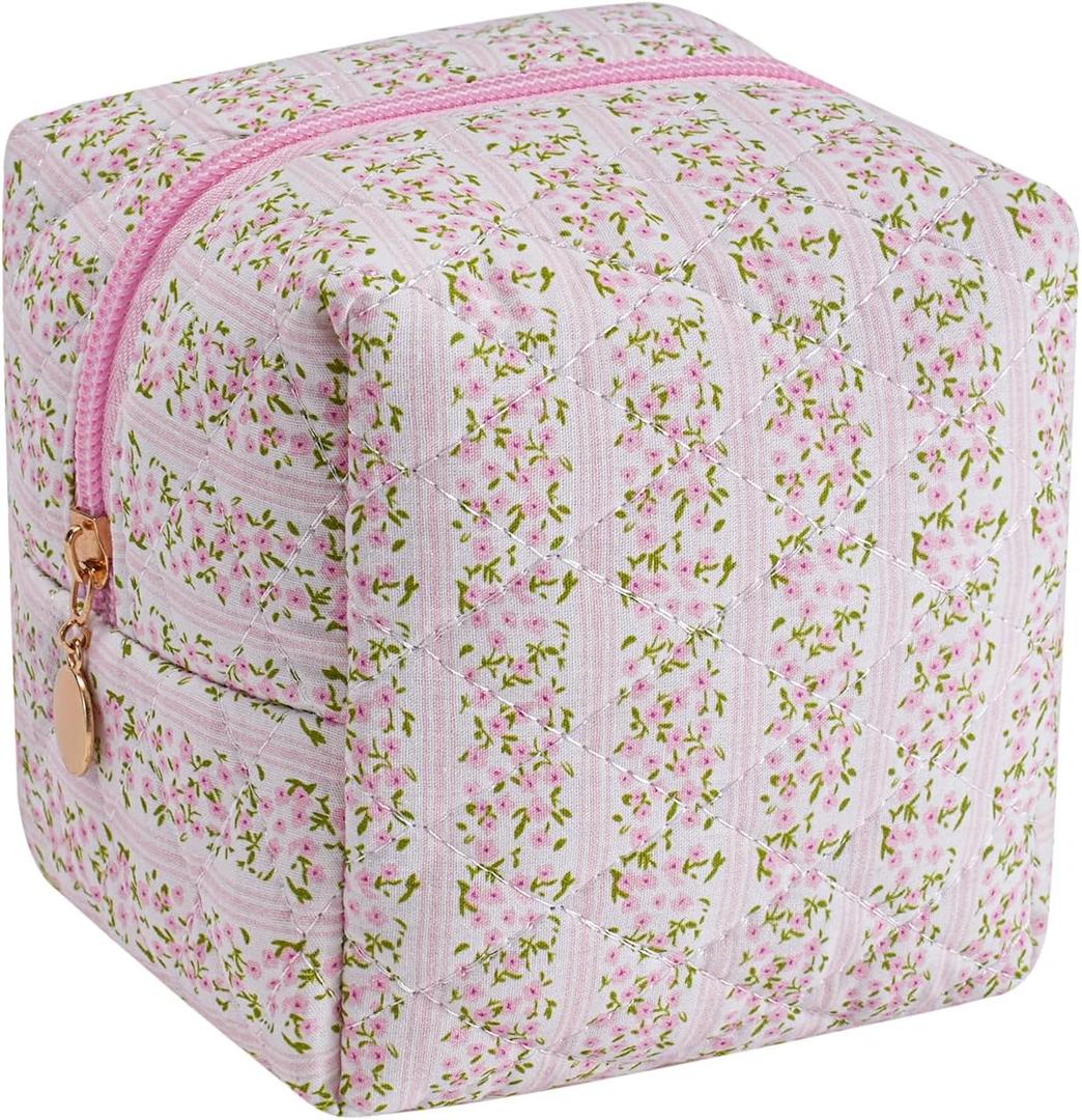 Cube Cosmetic Makeup Bag Small Cotton Quilted Makeup Pouch for Purse Cute Floral Travel Toiletry Zipper Pouch (Pink Floral)