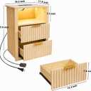 Fluted Nightstand with Charging Station & LED Light, 2 Drawer Bedside Table with Open Shelf, Modern Mid Century End Table with USB Outlet for Bedroom, Small Spaces, Oak, 18.5" x 11.8" x 25.6"