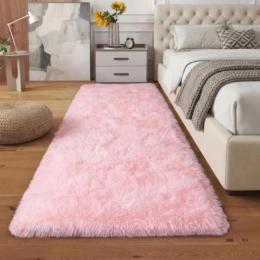 Soft Pink Hallways Runner Rugs for Bedroom, 2x6 Ft Modern Plush Shag Carpet, Non Slip Dorm Bedside Shaggy Rug for Living Room, Indoor Long Nursery Kids Girls Teen Room Aesthetic Home Decor