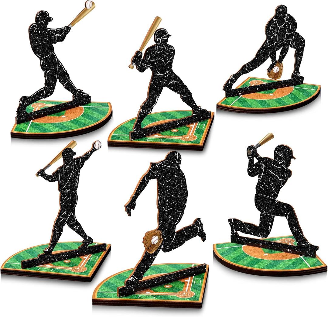 DoubleFill 6 Pcs Baseball Table Centerpiece Decorations Wooden Baseball Player Silhouette Centerpieces Wooden Sports Game Sign for Fans Club Sports Table Toppers Theme Birthday Party Decorations